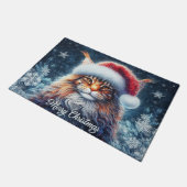 Maine Coon Cat with Santa Hat Merry Christmas Fußmatte (Schrägansicht)