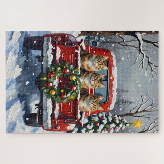 Maine Coon Christmas Red Truck Holiday Puzzle (Horizontal)