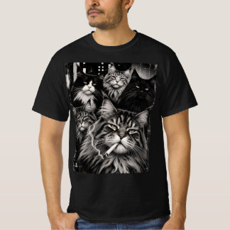 Maine Coon Crew Schwarz-Weiß-Grunge-Katzengrafik T-Shirt