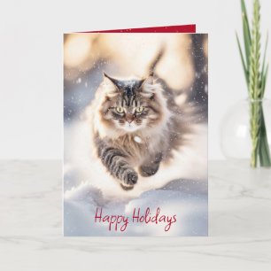 Maine Coon Katze durch den Schnee stürmend Feiertagskarte