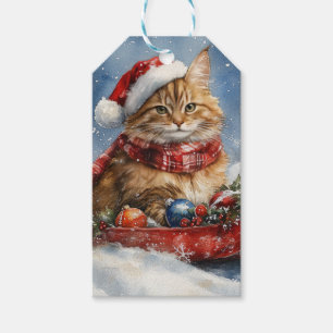 Maine Coon Katze im Schlitten Lass es schneien Wei Geschenkanhänger