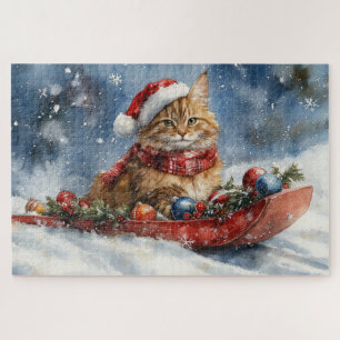 Maine Coon Katze im Schlitten Lass es schneien Wei Puzzle