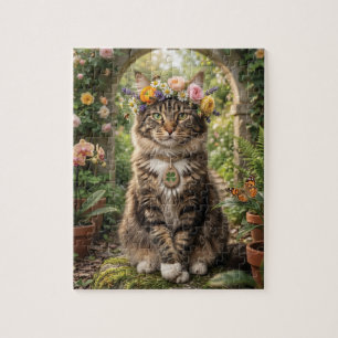 Maine Coon Katze mit Blumenkrone in einem Garten Puzzle
