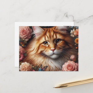 Maine Coon Katze mit rosa Blumen  Postkarte