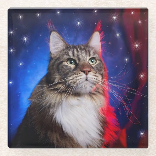 Maine-Coon-Katze mit rot-weißer Aura und Sternen Glasuntersetzer (Vorderseite)