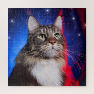 Maine-Coon-Katze mit rot-weißer Aura und Sternen Puzzle