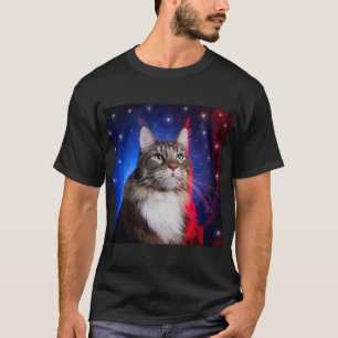 Maine-Coon-Katze mit rot-weißer Aura und Sternen T-Shirt