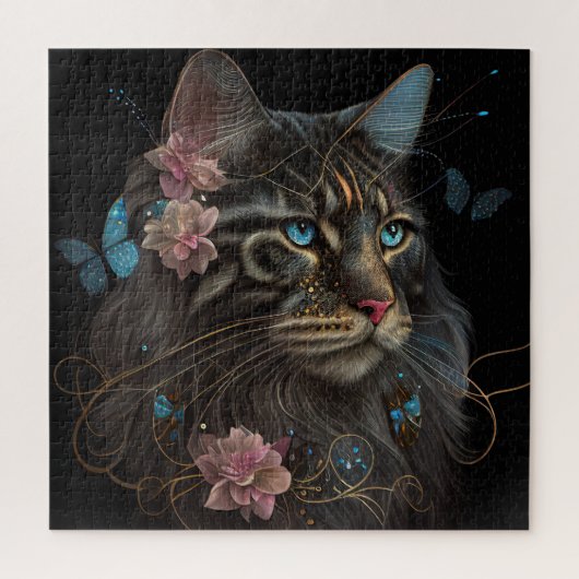 Maine Coon-Katze mit Schmetterling und Blume KI Ar Puzzle (Vertikal)