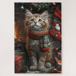 Maine Coon Katze mit Weihnachtsgeschenken Kamin Puzzle