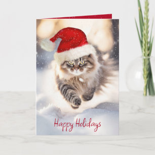 Maine Coon Katze mit Weihnachtsmannmütze Feiertagskarte