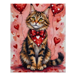 Maine Coon Katze Valentinstag Sitzend mit Herzen R Poster
