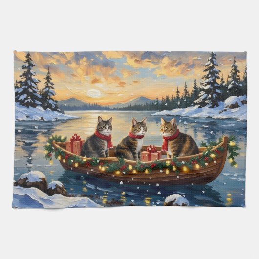 Maine Coon Katze Weihnachtsboot Urlaub Geschirrtuch (Horizontal)