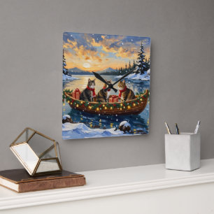 Maine Coon Katze Weihnachtsboot Urlaub Quadratische Wanduhr