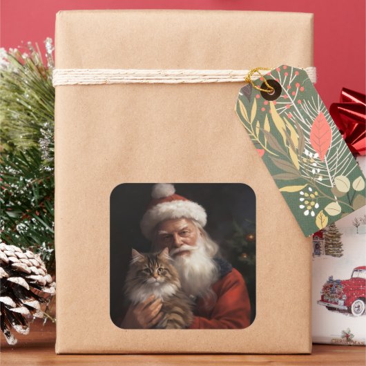 Maine Coon mit Weihnachten Quadratischer Aufkleber (Feiertag)