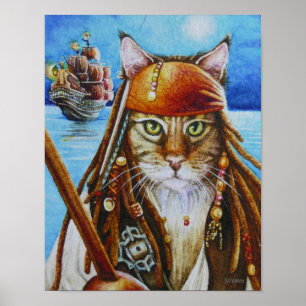 Maine Coon Pirate Cat Jack & Ship Watercolor 11x14 Poster