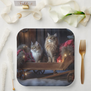 Maine Coon Schneeschlitten Weihnachtsdekoration Pappteller