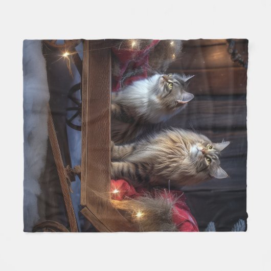 Maine Coon Snowy Sleigh Weihnachtsdekor Fleecedecke (Vorderseite (Horizontal))