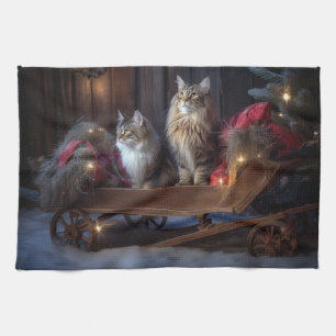 Maine Coon Snowy Sleigh Weihnachtsdekor Geschirrtuch