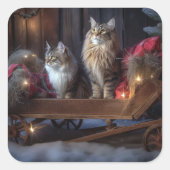 Maine Coon Snowy Sleigh Weihnachtsdekor Quadratischer Aufkleber (Vorderseite)