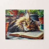Maine Coon Tabby Katze Schlafen im Garten Puzzle (Horizontal)