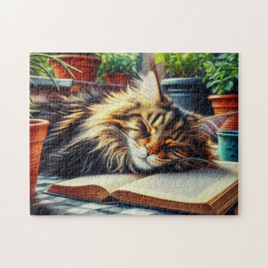 Maine Coon Tabby Katze Schlafen im Garten Puzzle (Horizontal)