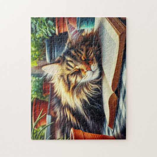 Maine Coon Tabby Katze Schlafen im Garten Puzzle (Vertikal)
