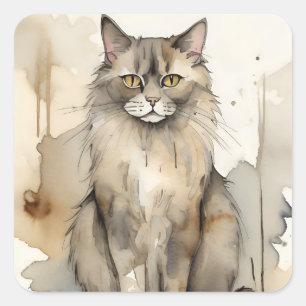 Maine Coon Watercolor Illustration Quadratischer Aufkleber