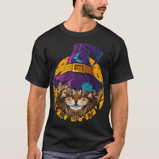 Maine Coon Witch Cat Funny Halloween Kostüm Creep T-Shirt (Vorderseite)