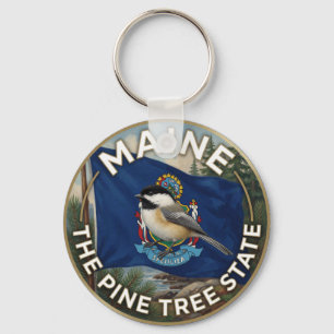 🌲 Maine-Flagge und Erbe des Schwarzkappenmeisens Schlüsselanhänger