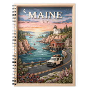 Maine Küstenstraßen-Trip Leuchtturm Vintage-Textur Notizblock