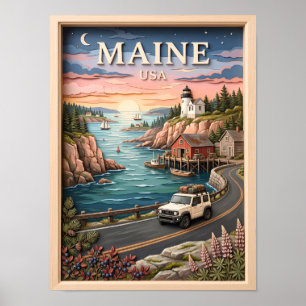 Maine Küstenstraßen-Trip Leuchtturm Vintage-Textur Poster