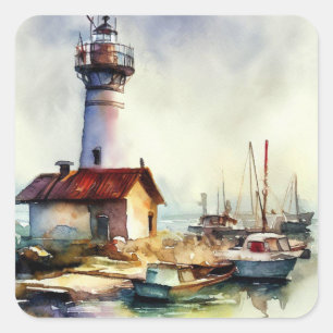Maine Leuchtturm und Boote Wasserfarbene Kunst, Di Quadratischer Aufkleber