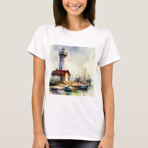 Maine Leuchtturm und Boote Wasserfarbene Kunst, Di T-Shirt