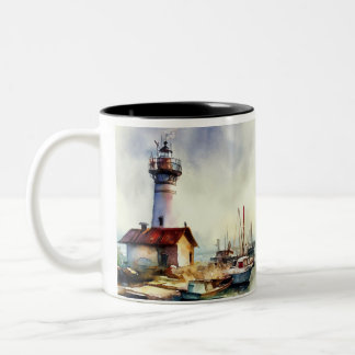 Maine Leuchtturm und Boote Wasserfarbene Kunst, Di Zweifarbige Tasse