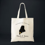 Maine Map Wedding Welcome Bag Tasche, Black & Gold Tragetasche<br><div class="desc">Hochzeitswochenende Begrüßungsgeschenk-Tasche für Gäste aus der Stadt zu Ihrer Hochzeit,  mit Bild von Maine,  mit goldenem Herzen.  Füllen Sie Tasche mit Ihren Lieblingsgoodies.</div>
