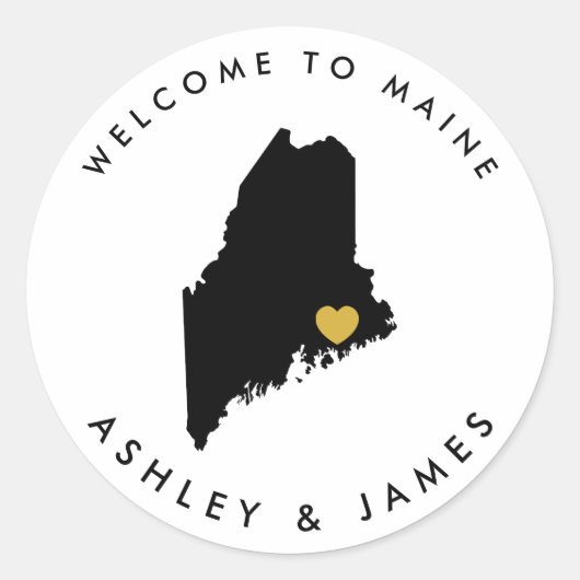 Maine Map Wedding Welcome Sticker Tag, Black Gold (Vorderseite)