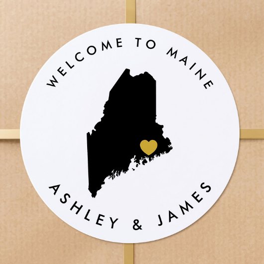 Maine Map Wedding Welcome Sticker Tag, Black Gold