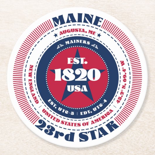 Maine Red White Blue Typografie Runder Pappuntersetzer (Vorderseite)