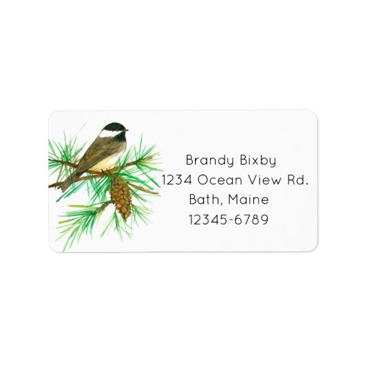 Maine Staat Bird Chickadee Pine Cone Adresse Adressaufkleber (Vorne)