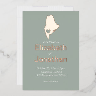Maine Staat Map Hochzeit in Urlaubsort Rose Gold Folieneinladung