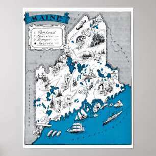 Maine State Map Vintage Beach Decor Print Poster