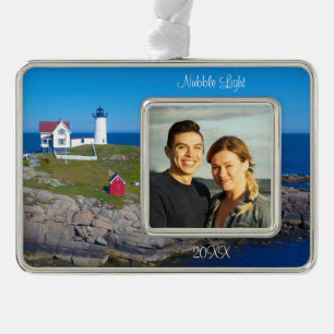 Maine Urlaub Familienfoto Datum Nubble Lighthouse Rahmen-Ornament Silber