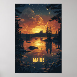 Maine USA Art Vintag Illustration Travel Poster