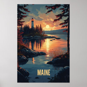 Maine USA Art Vintag Illustration Travel Poster