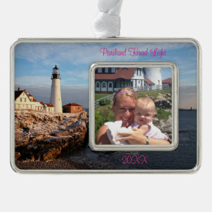 Maine Vacation Family Foto Portland Head Light Rahmen-Ornament Silber