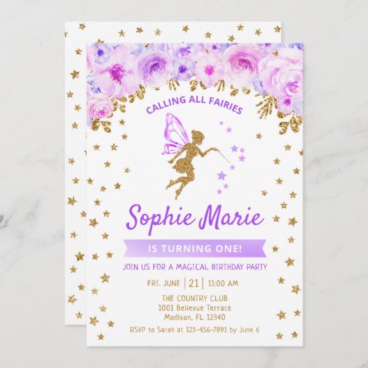 Mairy 1. Geburtstag - Gold Lila Einladung (Vorne/Hinten)