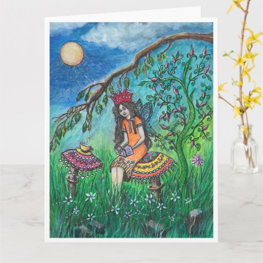 Mairy Reader sitzt auf Toadstocker Kunst Karte (Gelbe Blume)