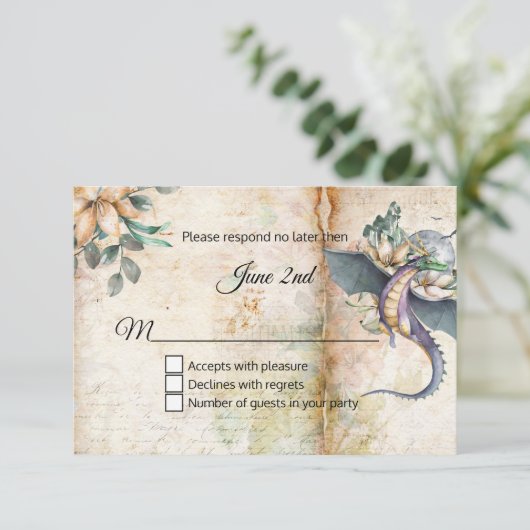 Mairytale Dragon Wedding RSVP Karte (Stehend Vorderseite)
