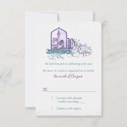 Mairytale Lila Aquamarines Schloss Hochzeit RSVP Karte (Vorderseite)