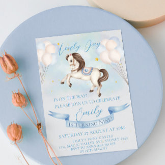 Mairytale Pony Stars Blue Balloons Geburtstagspart Einladung